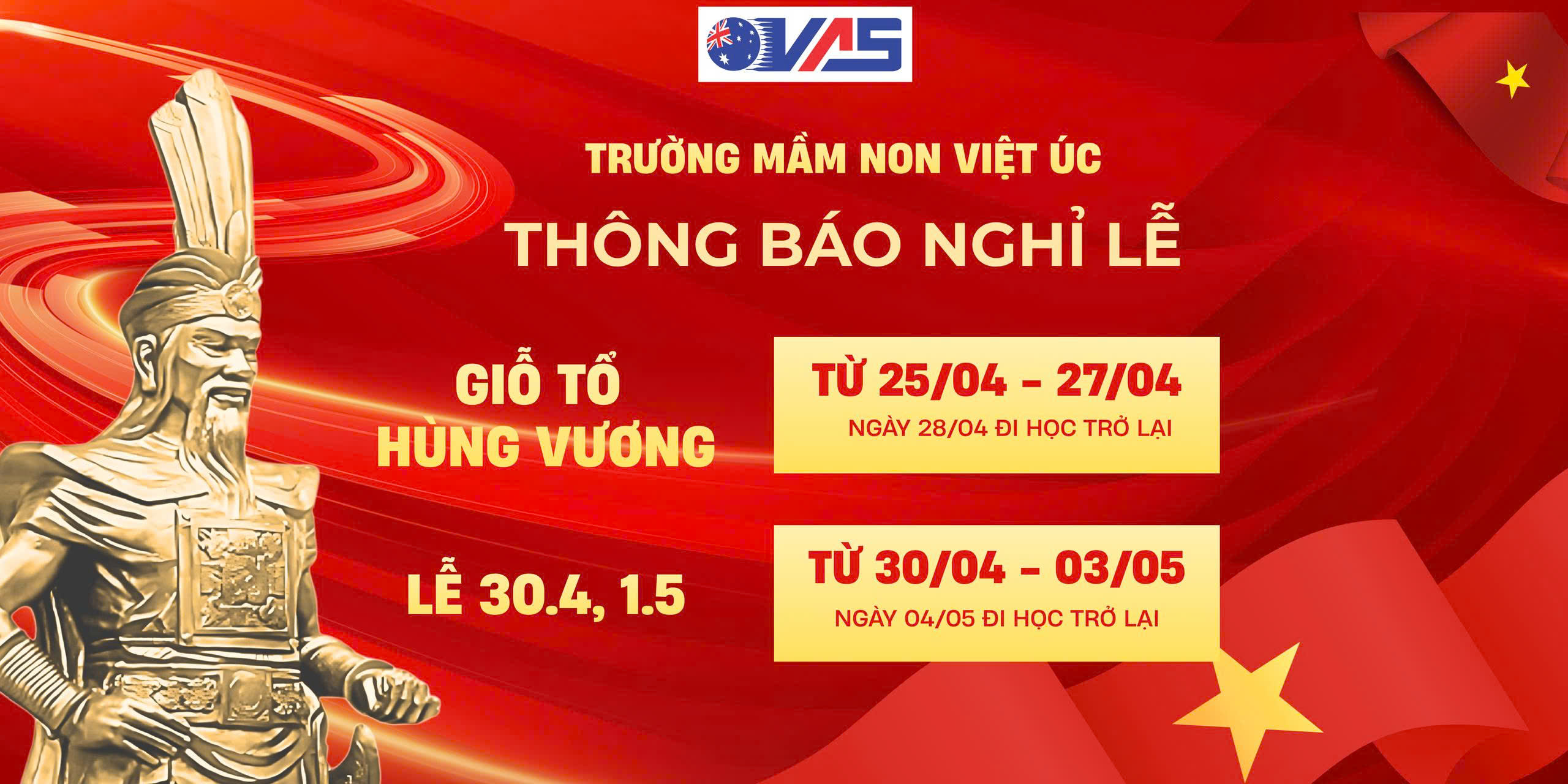 THÔNG BÁO LỊCH NGHỈ LỄ GIỖ TỔ HÙNG VƯƠNG VÀ 30/4 - 01/5/2026