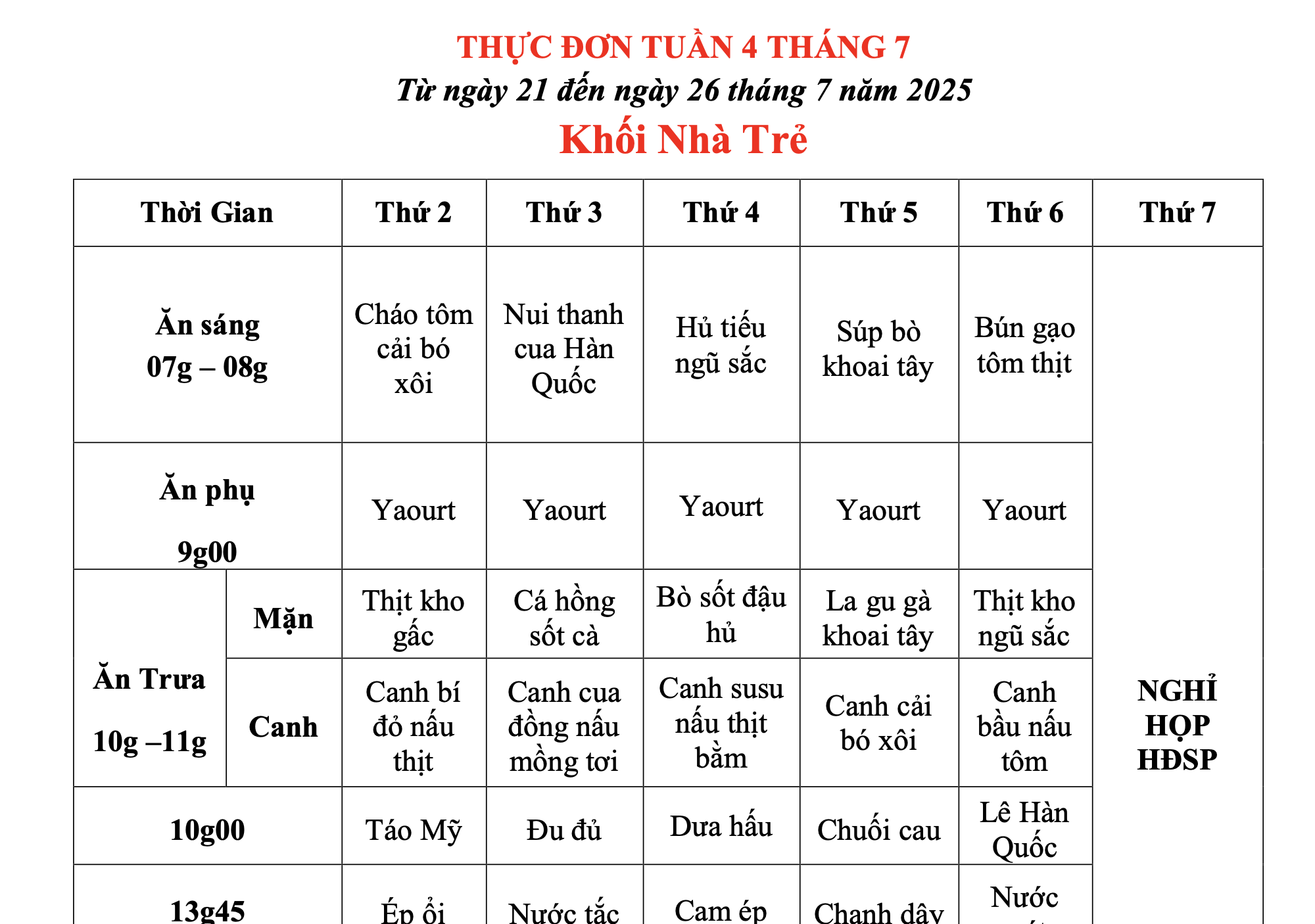 THỰC ĐƠN TUẦN 04 THÁNG 07/2025 (Từ ngày 21/7 đến ngày 25 tháng 7 năm 2025)
