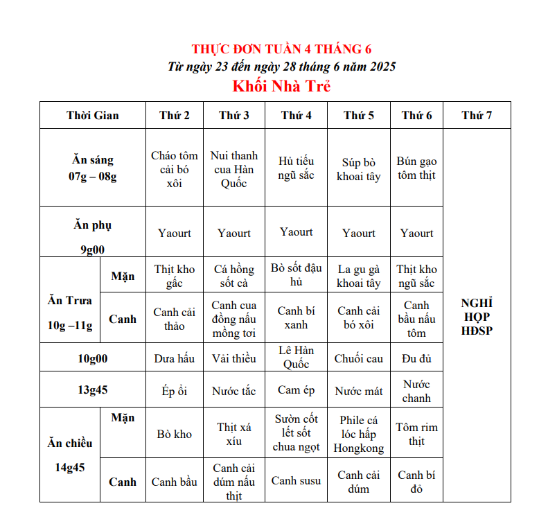 THỰC ĐƠN TUẦN 04 THÁNG 06/2025 (Từ ngày 23 đến ngày 28 tháng 6 năm 2025)